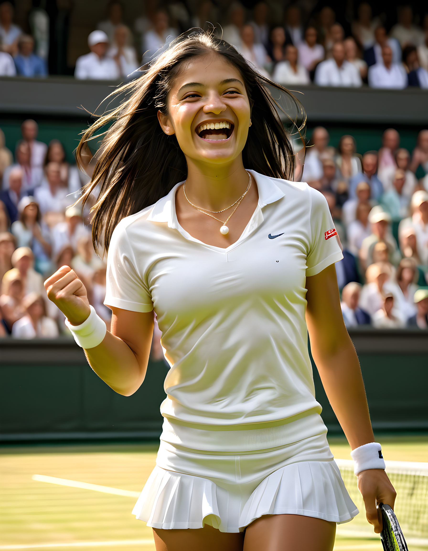 emmaraducanu, In a bustling Wimbledon court bathed in the soft, golden glow of late afternoon sunlight filtering through the grandstand's open roof, Emma Raducanu, a visibly triumphant woman with long, cascading black hair, gazes intently at the viewer, her radiant smile gleaming and teeth sparkling against the backdrop of her crisp white shirt. She stands confidently with an elegant hold of a shimmering pearl necklace, as if about to serve the championship point, surrounded by the blurred motion of celebrating fans and the iconic green grass tennis court. The camera captures this moment from a slightly low angle, emphasizing her strength and stature amidst the swirling chaos of victory.