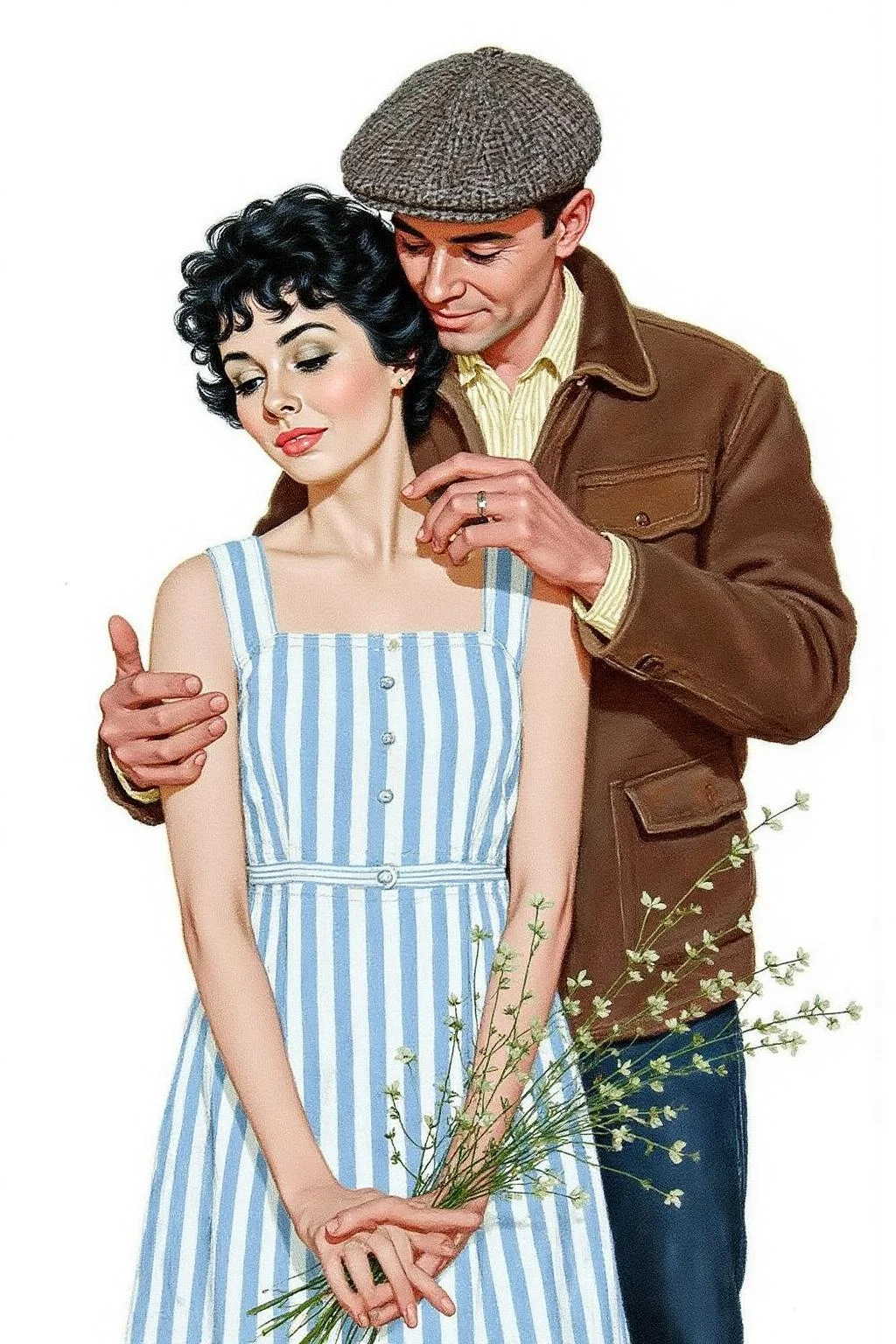 kard1 illustration
A tender moment between a man and a woman. The woman, positioned slightly to the left, has short, curly black hair and wears a sleeveless dress with blue and white vertical stripes. She has a delicate, light complexion and is holding a bouquet of small, delicate flowers in her right hand. Her expression is serene and slightly melancholic, with her eyes downcast and her lips slightly parted. The man, standing behind and slightly to the right, has a rugged, masculine appearance, he is wearing a vintage Tweed cap.
<lora:kard1_cap_d6a3:1.0><lora:816539614727711940:0>