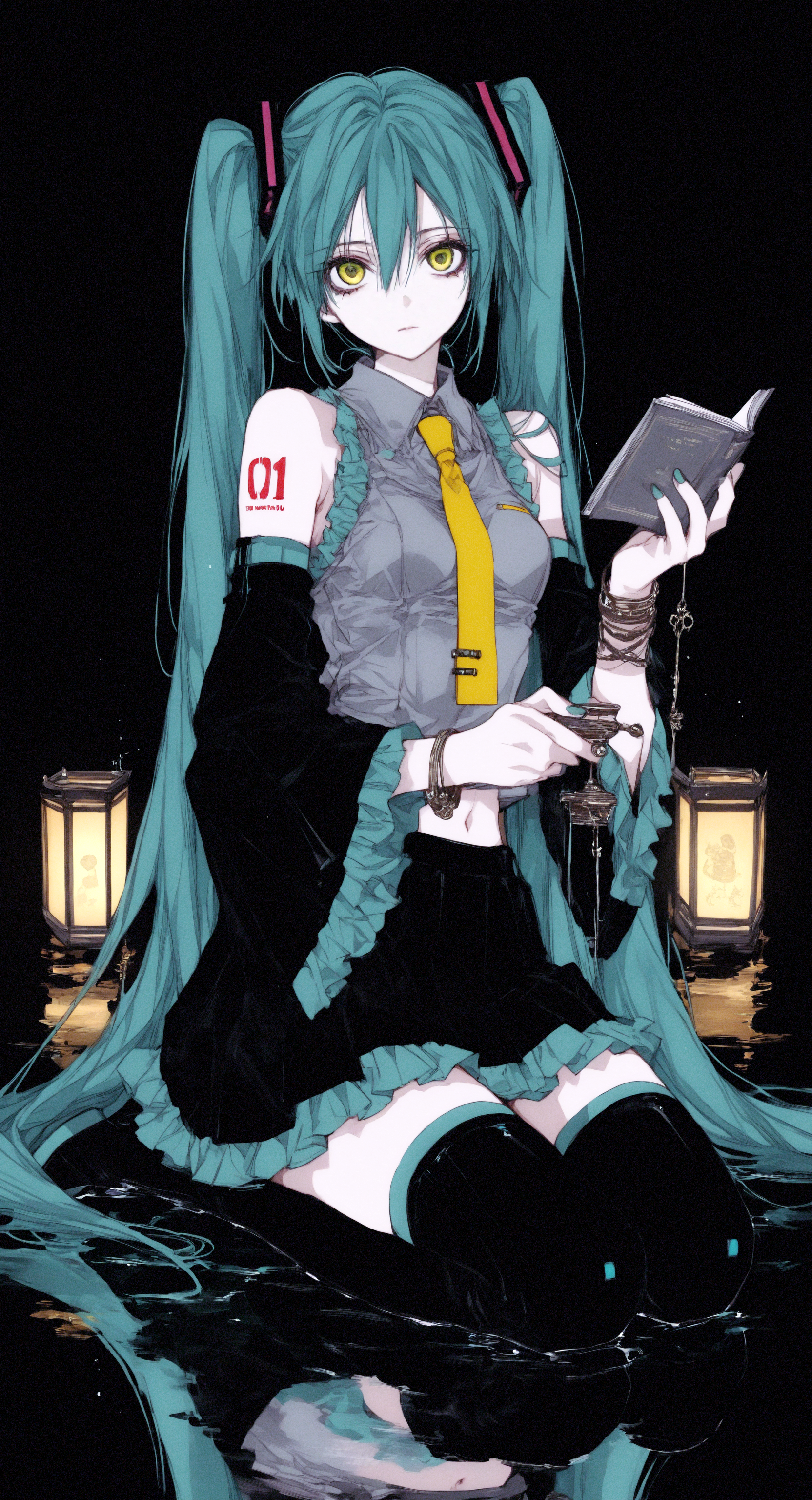 masterpiece,best quality,amazing quality, hatsune miku, 1girl, solo, long hair, breasts, looking at viewer, shirt, skirt, blonde hair, hair ornament, thighhighs, holding, navel, hair between eyes, closed mouth, jewelry, bare shoulders, very long hair, sitting, twintails, green eyes, full body, yellow eyes, sidelocks, pleated skirt, frills, boots, necktie, detached sleeves, green hair, sleeveless, collared shirt, black thighhighs, black skirt, wide sleeves, miniskirt, black footwear, nail polish, bracelet, side ponytail, zettai ryouiki, book, sleeveless shirt, tattoo, expressionless, phone, thigh boots, black background, grey shirt, seiza, reflection, lantern, black sleeves, arm tattoo, lamp, midriff peek, shoulder tattoo, yellow necktie, paper lantern, number tattoo, tie clip, reflective water, reflective floor, tanemura arina,
ma1ma1helmes_b_illu, <lora:ponyv6_noobE11_2_adamW-000017:0.3> <lora:XXX667:0.6> <lora:96YOTTEA-WAI:0.5> <lora:TanemuraArinaIllustriousV1:0.85> <lora:tenebriflora-wai:0.15>