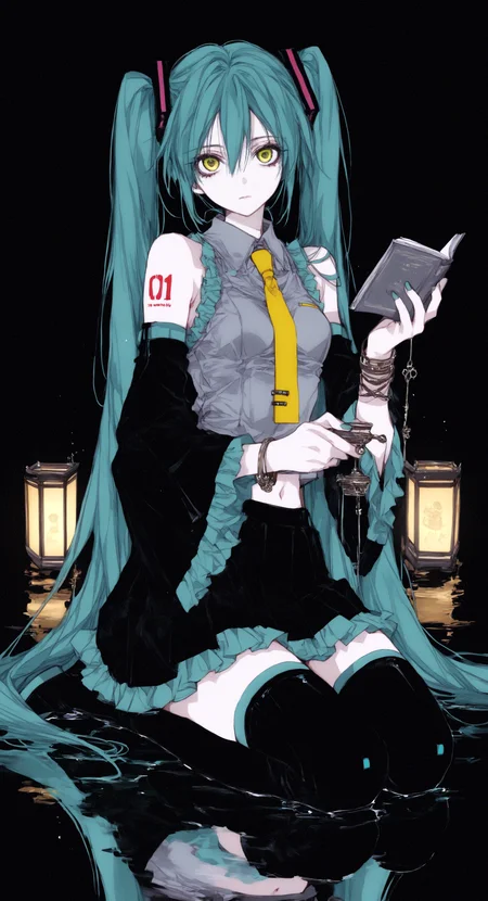 masterpiece,best quality,amazing quality, hatsune miku, 1girl, solo, long hair, breasts, looking at viewer, shirt, skirt, blonde hair, hair ornament, thighhighs, holding, navel, hair between eyes, closed mouth, jewelry, bare shoulders, very long hair, sitting, twintails, green eyes, full body, yellow eyes, sidelocks, pleated skirt, frills, boots, necktie, detached sleeves, green hair, sleeveless, collared shirt, black thighhighs, black skirt, wide sleeves, miniskirt, black footwear, nail polish, bracelet, side ponytail, zettai ryouiki, book, sleeveless shirt, tattoo, expressionless, phone, thigh boots, black background, grey shirt, seiza, reflection, lantern, black sleeves, arm tattoo, lamp, midriff peek, shoulder tattoo, yellow necktie, paper lantern, number tattoo, tie clip, reflective water, reflective floor, tanemura arina,
ma1ma1helmes_b_illu, <lora:ponyv6_noobE11_2_adamW-000017:0.3> <lora:XXX667:0.6> <lora:96YOTTEA-WAI:0.5> <lora:TanemuraArinaIllustriousV1:0.85> <lora:tenebriflora-wai:0.15>