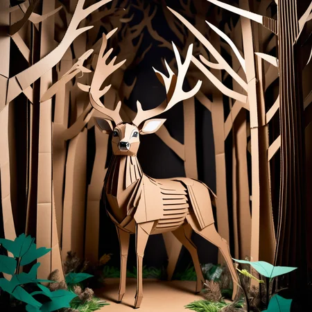Photorealistic deer made from cardboard boxes, intricate details, lifelike yet fantastical, detailed textures, realistic antlers crafted from corrugated cardboard, layered and three-dimensional, high contrast, natural cardboard colors, cardboard forest background, trees and grass crafted from cardboard, ethereal lighting, whimsical and imaginative