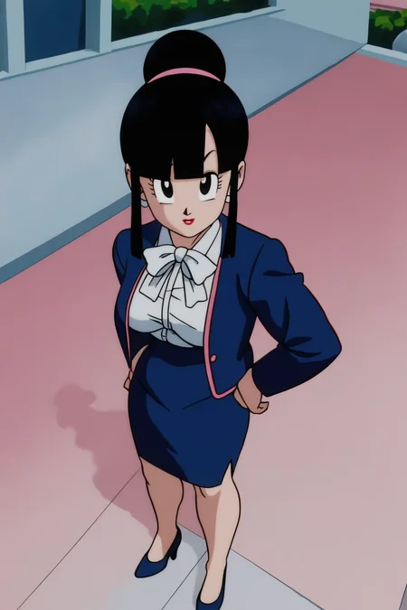 source_anime, score_9, score_8_up, score_7_up, anime screencap, absurdres, official style,
chi-chi, bangs, black hair, blunt bangs, sidelocks, hair bun, single hair bun, black eyes,
1girl, solo,outdoors, city, selfie, from above, 
broly movie, bowtie, blue jacket, open jacket, long sleeves, white shirt, dress shirt, pencil skirt, blue skirt, high-waist skirt, high heels, blue footwear,
 <lora:chichi_pony_v2:0.8>