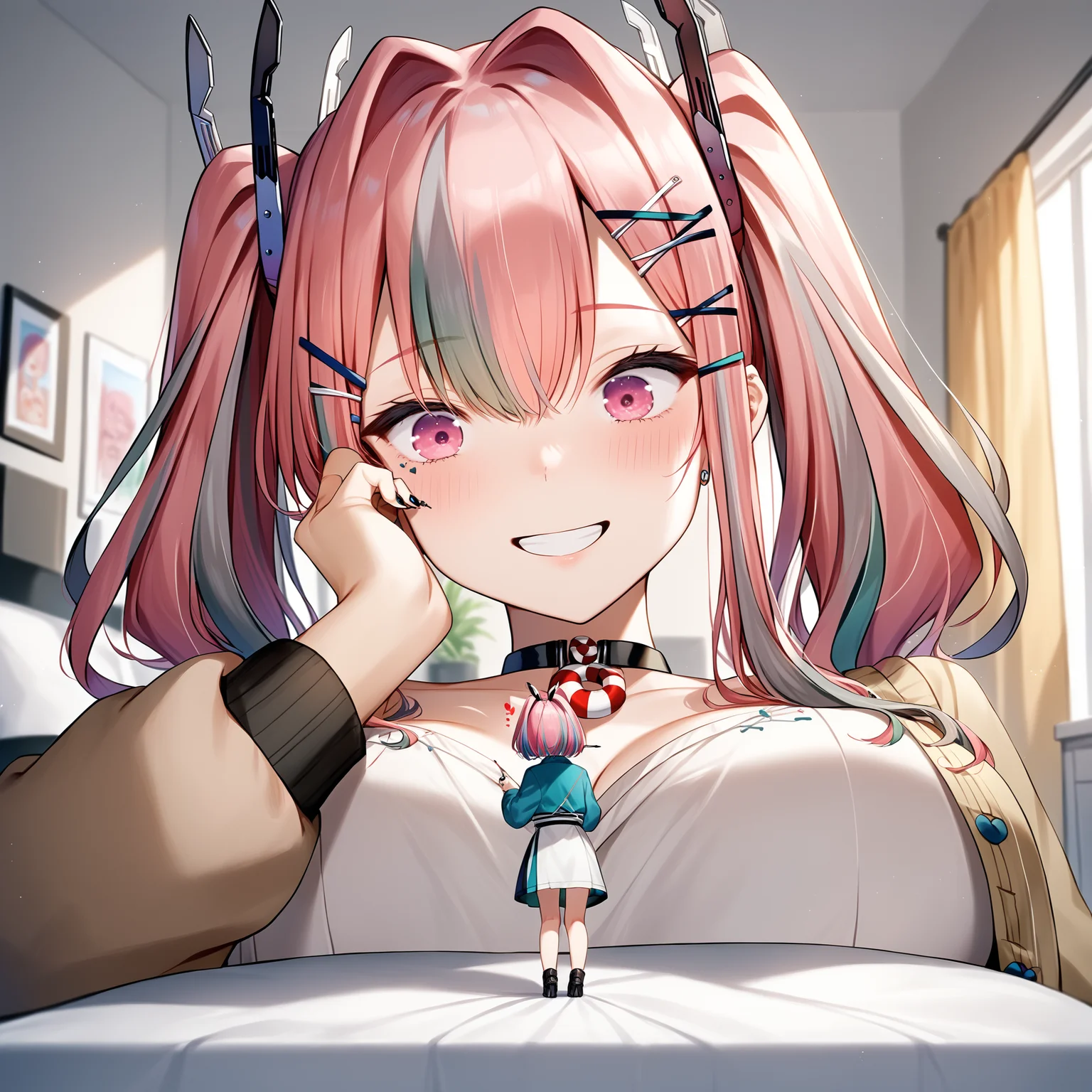 (masterpiece), (best quality), (highest quality), (highres), (absurdres), (extremely detailed), score_9, score_8_up, score_7_up, score_6_up, source_anime, score_5_up, score_4_up,<lora:gtssizev1:0.85> , gtssize, on nightstand, far-shot angle, excited, (extreme foreshortening:1.3),(minigirl:1.2), (size difference:1.2), nightstand, bedroom, bremerton \(azur lane\), large breasts, black nail polish, smile, (scene of two different cartoon anime characters together:1.4), multiple girls, indoors,