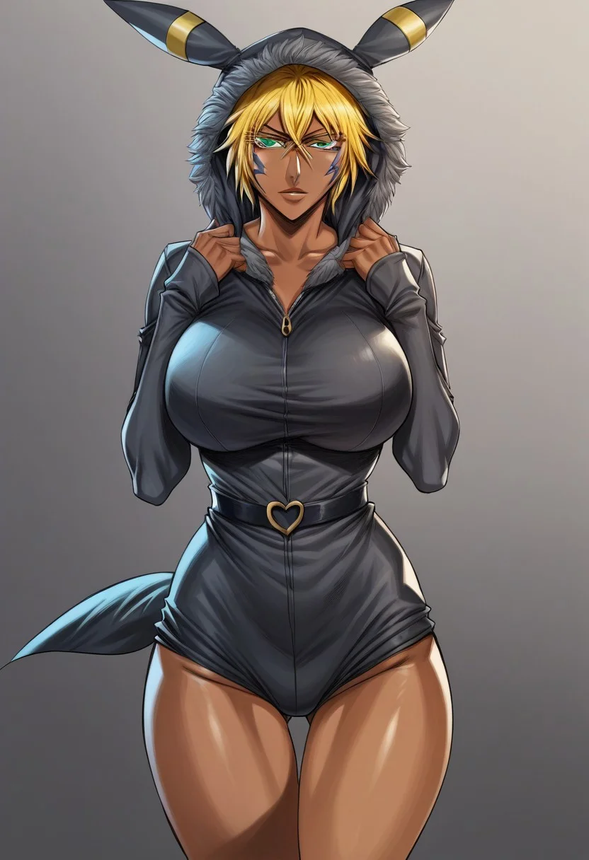 masterpiece, score_9, score_8_up, score_7_up, score_6_up, source_manga, colored,
1girl, human, sexy face, huge breasts,
tier harribel, dark skin, yellow hair, facial mark, green eyes, colored eyelashes,
ears, hood up, onesie, tail, knee high socks, umbr30n,
solo, standing, looking at viewer, cowboy shot, front view,