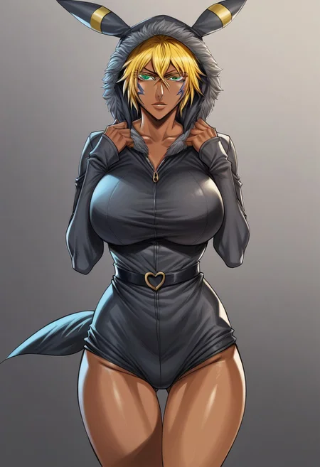 masterpiece, score_9, score_8_up, score_7_up, score_6_up, source_manga, colored,
1girl, human, sexy face, huge breasts,
tier harribel, dark skin, yellow hair, facial mark, green eyes, colored eyelashes,
ears, hood up, onesie, tail, knee high socks, umbr30n,
solo, standing, looking at viewer, cowboy shot, front view,