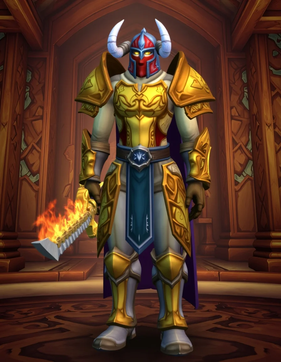 WOW_Character_Style, This image is a digital drawing of a World of Warcraft character depicting a medieval warrior standing in a grand, dimly lit hall with tall, arched wooden pillars. The warrior is clad in ornate, golden armor that shines with a subtle glow, emphasizing the metallic textures. The armor includes shoulder pauldrons, chest plate, and gauntlets, all intricately designed with detailed engravings and a few blue and red accents. The warrior's helmet has large, curved horns and a visor that covers the face, revealing only the eyes and a red visor with a blue pattern. The warrior holds a large, fiery sword in their right hand, emitting a bright, intense flame that contrasts with the dim lighting of the hall. The sword's hilt and sheath are adorned with golden details, matching the warrior's armor. The warrior's left hand rests on the hilt, suggesting readiness and confidence. The background features a large, ornate wooden door with intricate carvings, partially visible through the pillars. The floor is made of polished stone, adding to the grandeur of the setting. The overall color palette consists of warm tones of gold, brown, and red, creating a rich, medieval atmosphere.
