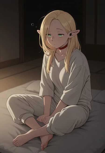 masterpiece, best quality, amazing quality, very aesthetic, absurdres, Dunmeshi_Marcille, 1girl, solo, female focus, pointy ears, blonde hair, green eyes, HairLongOpen, official alternate hairstyle, red choker, PJMarcille, White shirt, white pants, barefoot, futon, sitting, sleepy, dark, dungeon:1.6