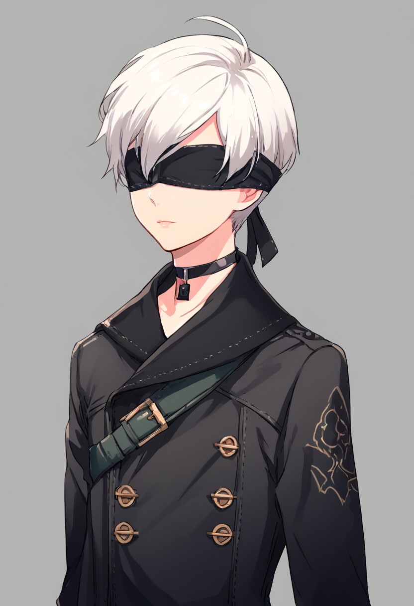 score_9, score_8_up, score_7_up, source_anime BREAK, zeroazureportraits, solo, upper body, simple background, upper body, 1boy, 9s,white hair,blindfold,black ,gloves,choker,jacket,shorts,boots,long sleeves