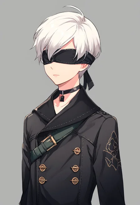 score_9, score_8_up, score_7_up, source_anime BREAK, zeroazureportraits, solo, upper body, simple background, upper body, 1boy, 9s,white hair,blindfold,black ,gloves,choker,jacket,shorts,boots,long sleeves