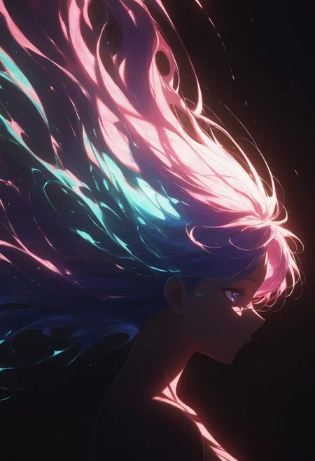 (masterpiece), (best quality), (ultra-detailed),
Silhouette of a young woman, profile view, with vibrant, stylized features. Dark, flowing hair with streaks of hot pink, contrasted against a backdrop of swirling, teal and magenta abstract forms. The woman's expression is serene, her gaze directed off to the side. Dark, solid forms create her silhouette. Vibrant teal and magenta abstract shapes swirl around her, creating a dynamic, almost ethereal atmosphere. Deep blacks and dark blues dominate the color palette. Bright magenta and teal highlights add a pop of color, and create a striking contrast. The composition emphasizes the silhouette and the surrounding abstract design, suggesting a dreamy, futuristic, or anime-inspired aesthetic. The piece utilizes a bold, expressive style reminiscent of graphic design and anime art. Texture appears fluid, with abstract, painterly brushstrokes that suggest movement and energy. Atmospheric lighting creates a strong contrast between light and shadow, emphasizing the silhouette. The perspective is a three-quarter profile shot, focusing on the woman's features and posture. Style: stylized, dynamic, painterly. Mood: contemplative, energetic,