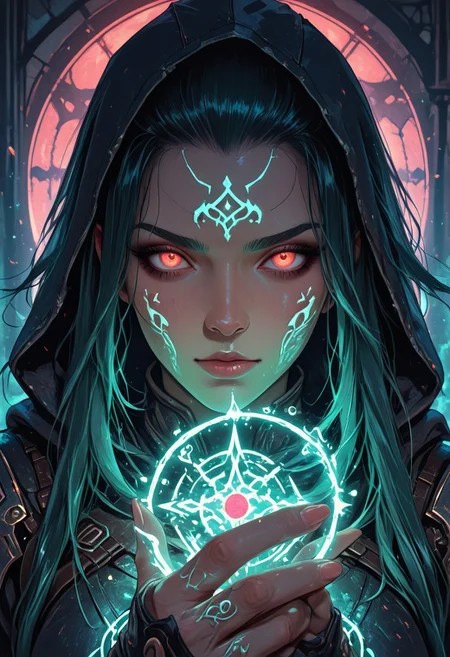 (masterpiece), (best quality), (8k), 1girl, portrait view, glowing spell in hand, magical glyphs, glowing runes, runic tattoos, cinematic lighting, soft glow on face, floating particles, mystical blue light, long flowing hair, arcane armor, glowing eyes, calm expression, powerful presence, magical energy swirling, hood pulled back, winter ruins background, red moon behind, high detail face, chest-up shot, large breasts, hands holding a spell, magic in hands, 
Looking at viewer, ((Front View)), Detailed face, face detail, face focus,