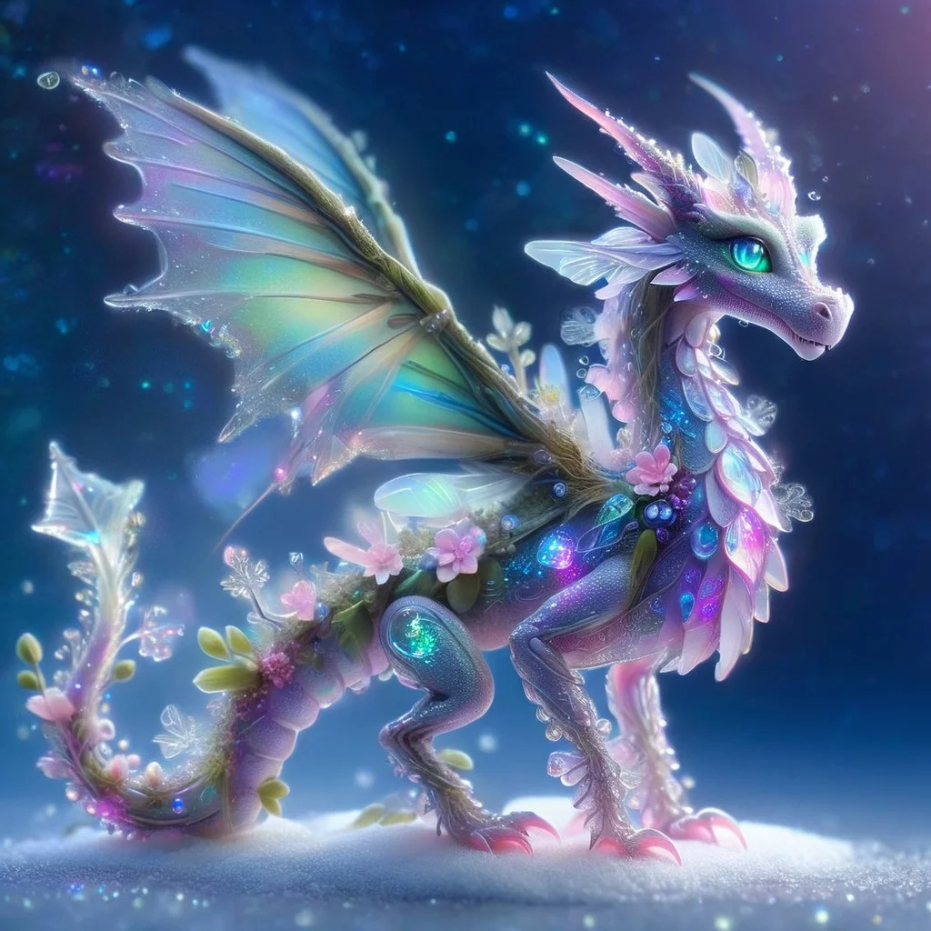 Blue, purple, pink and green fairy dragon with snowflake wings, small, cute, iridescent,snowflake, bokeh flower background, macro shot, 85mm lens