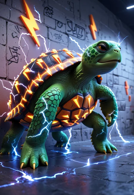 A 3D Pixar movie-like turtle with lightning symbols on its shell. Simple background. A graffiti on the wall says "Need Buzz for Speed." Masterpiece, High quality, Ultra Details