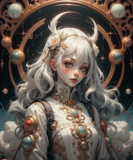 (masterpiece), (best quality), (vibrant light colors), intricate pattern, <lora:AnzhcDreamwave v3_1 watermark fix:1> anzhcdreamwave, aesthetic, canvas with red paint, 1girl, white hair, pale, creativity, white dress, hair ornament, dreamlike, <lora:more_details:0.5>