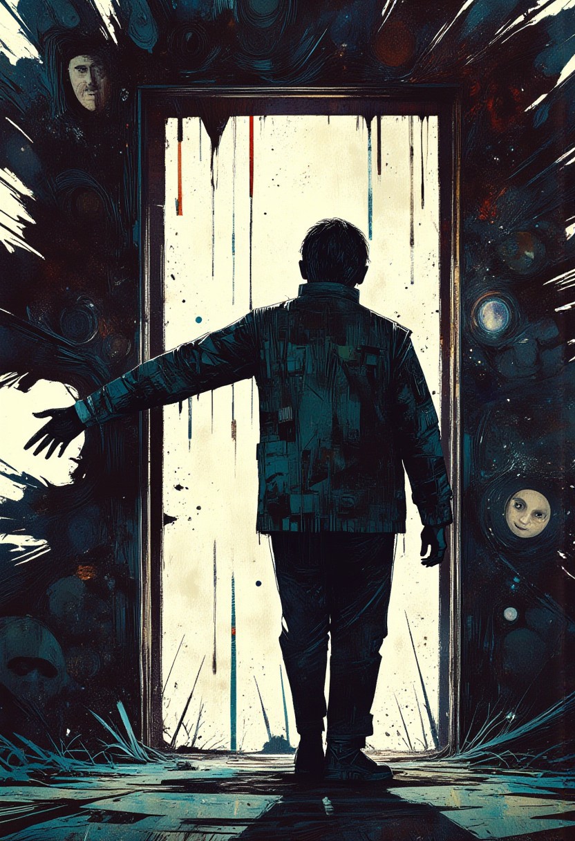 A glitch-art-inspired digital piece of a man stepping through a door. His body is morphing into jagged, pixelated distortions, his arm stretched unnaturally as if caught between two dimensions. The doorframe itself is morphing into a swirling vortex of code, fragments of his face visible within the digital chaos.
, ppstorybook, aidmamj6.1