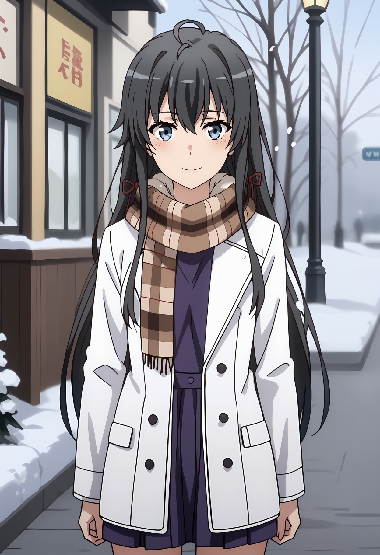 anime screencap,
<lora:YahariOreNoSeishunLoveComedy_YukinoshitaYukinoXL:0.9>,
1girl, solo, closed mouth, blush, light smile, head tilt,
long hair, black hair, blue eyes, hair between eyes, ahoge, hair ribbon,
YukinoWinter, plaid scarf, brown scarf, open coat, white coat, purple dress, long sleeves,
thigh gap, cowboy shot, standing, looking at viewer,
snow, snowing, outdoors, blurry background