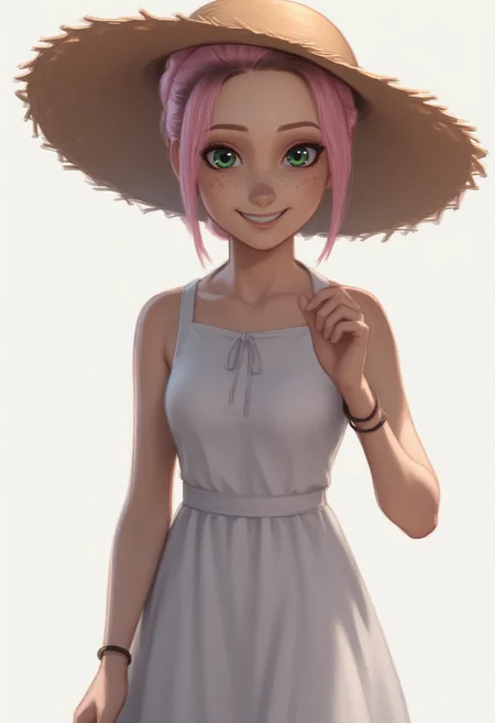 1girl, solo, Br00klynn, green eyes, freckles, pink hair, short hair, single hair bun, bracelet, sundress, sun hat, straw hat, <lora:Brooklynn - Camp Cretaceous-000010:1>, looking at viewer, smile, score_9, score_8_up, score_7_up, cowboy shot, standing, white background, simple background,