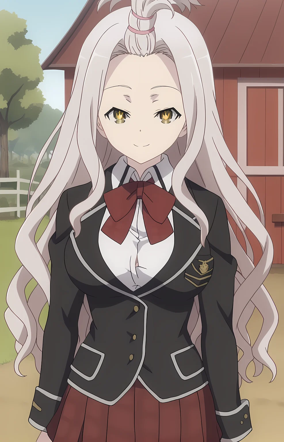 score_9, score_8_up, score_7_up, score_6_up, score_5_up, score_4_up, source_anime,looking at viewer, shiny skin, upper body, light smile, petite,ohwx, long_hair, grey_hair, yellow_eyes, white_hair, brown_eyes, bangs_pinned_back, topknot, breasts, very_long_hair, large_breasts, symbol-shaped_pupils,school_uniform, bow, jacket, blazer, bowtie, shirt, plaid, skirt, socks, red_bow, bangs_pinned_back, topknot, plaid_skirt, long_sleeves, red_skirt, red_bowtie, black_socks, pleated_skirt, kneehighs, black_jacket, collared_shirt, shoes, loafers, official_style, white_shirt, plaid_bow, ribbon, miniskirt, Traditional Japanese farmhouse in autumn, red maple trees around, warm and peaceful atmosphere,<lora:yui_kurata_pony_sobsynapse-000001:1>