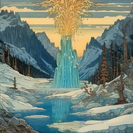 Ivan Bilibin Style - a magical Water geyser spurts from the ground with great force. A blue glow radiates from within. It's surrounded by an ice lake, with mountains in the background.