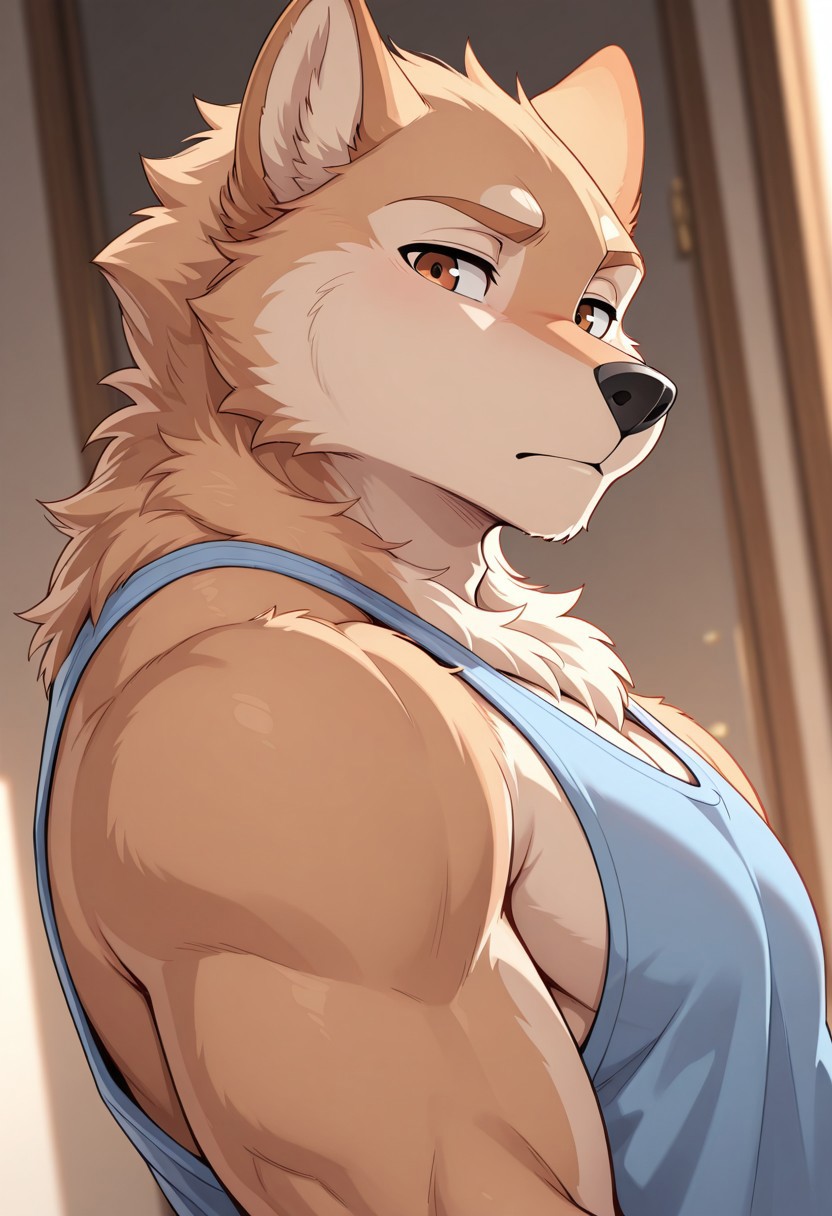 <lora:YuuichiV5:0.8>, solo, yuuichi, male, toned male, brown eyes, blue tank top, face focus, portrait, upper body, dynamic angle, masterpiece, 4K, separate focus, best quality, amazing quality, very aesthetic, high resolution, chromatic aberration, dynamic lighting, extremely-detailed, depth of field, newest, scenery, detailed fur, detailed muscles