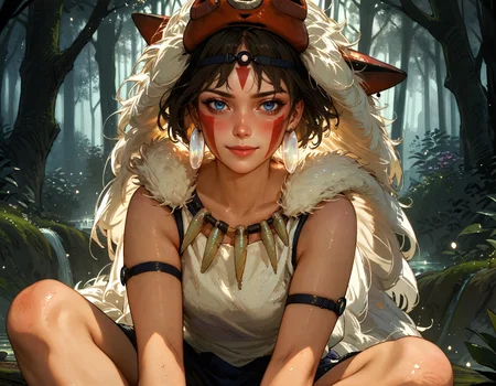 score_9, score_8_up, score_7_up, score_6_up, score_5_up, score_4_up, san, 1girl, full body, sitting, solo, short hair, brown hair, gray eyes, headband, face paint, earrings, white sleeveless top, navy under dress, arm cuffs, fur headdress, fur cape, light-skinned female, female focus, looking at viewer, smiling, forest, (blush:1.1)