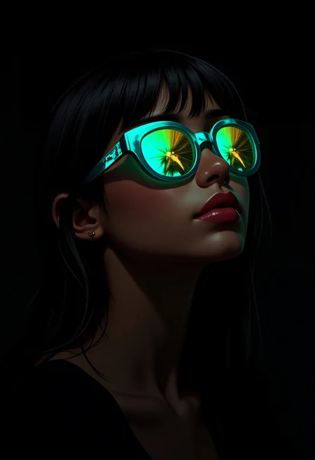 ffdac, a woman wearing glowing teal and gold sunglasses, beautiful, dark background, contrast of color and darkness