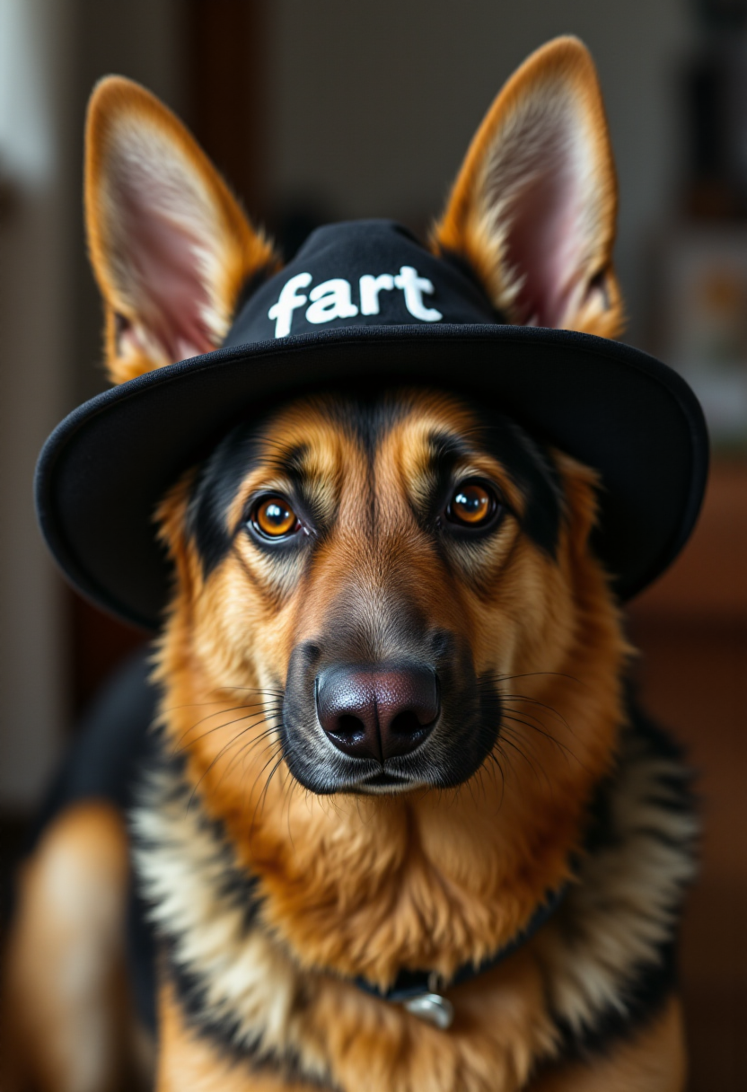 <lora:PCB_Image_Enhancer_for_FLUX:1>
realistic photo of a german shepherd dog wearing a hat with the word "fart" on it.