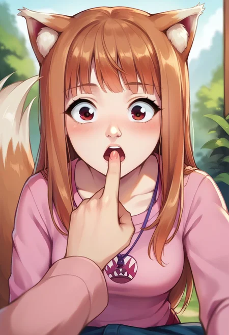 score_9, score_8_up, score_7_up, score_6_up, score_5_up BREAK source_anime, <lora:p_ami_v10_adafactor:0.7> human 1boy, 1girl, spice and wolf, pointy finger on nose, sunny day, blush, open mouth, pink shirt with long sleeves, boop, wide-eyed, pov view