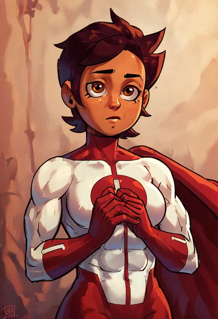 score_9, score_8_up, score_7_up 
   , masterpiece, beautiful,
Luz Noceda, brown hair, short hair, brown eyes, dark skin, medium breast, wide hips,
,Upper body,Omnimman,skintight suit, red O shaped chest emblem,red gloves,  red cape,  Muscle, flying, old japanese village background,
