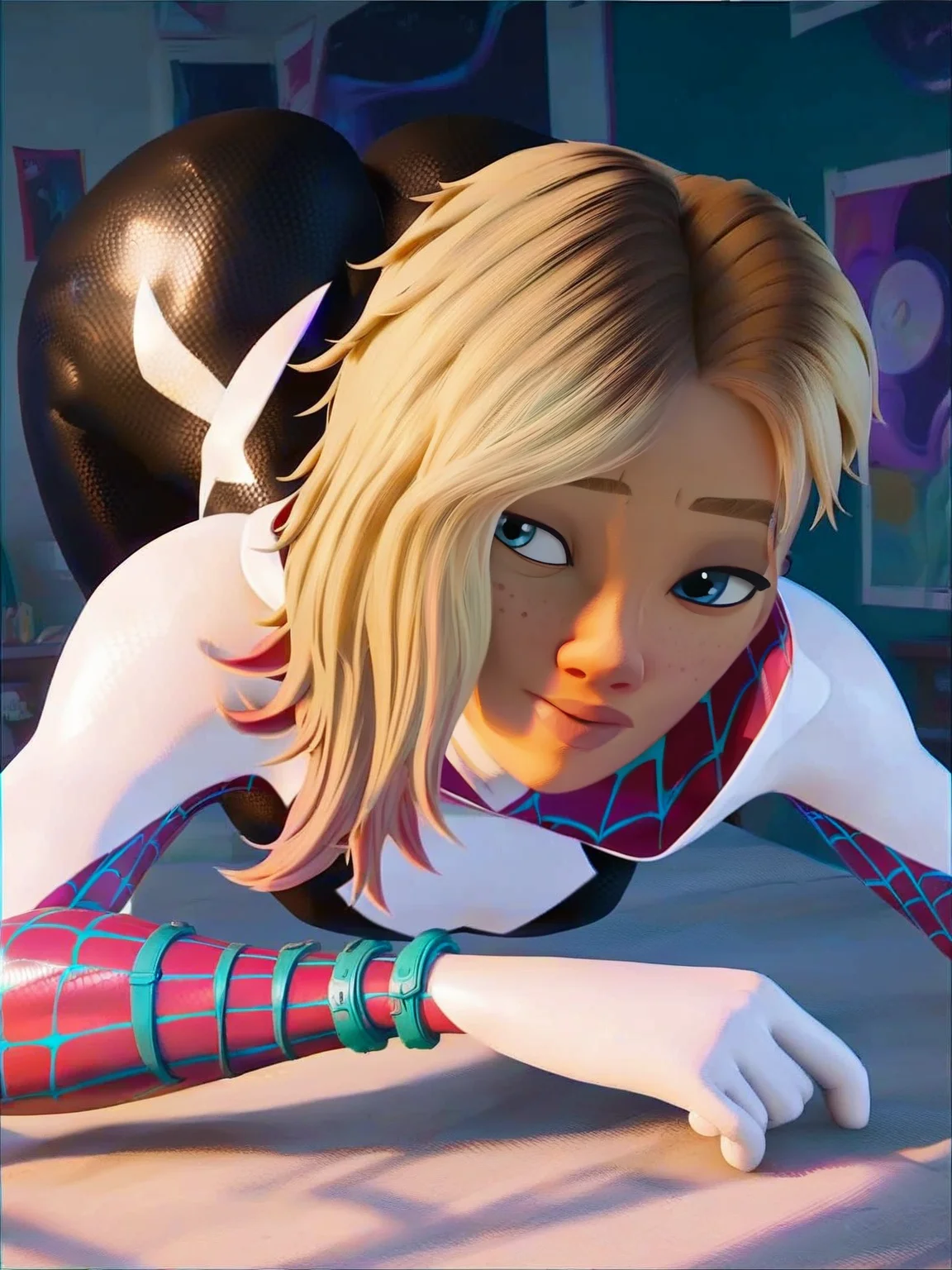 <lora:Gwen_StacyV2:0.8>, g_s, 1girl, blonde, blue eyes, ass focus, big massive ass, superhero suit, score_9, score_8_up, score_7_up,