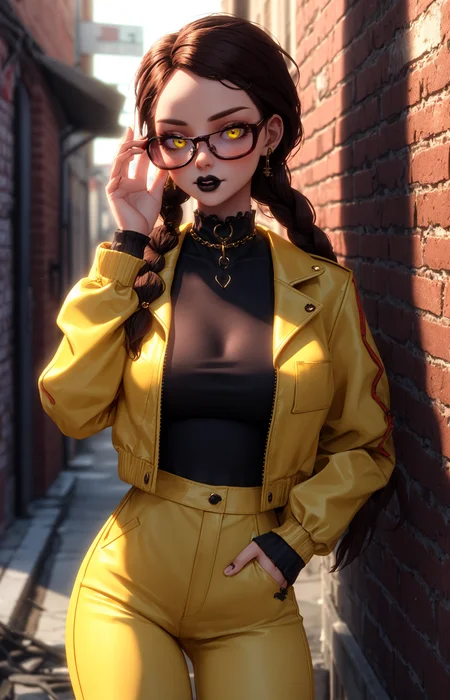 3D, highly detailed, girl, leaning against a wall, dynamic stance, yellow outfit, fashionable glasses, braided hair, detailed features, urban alley, soft and warm lighting, perfect body proportions, detailed hands, bright colors
<lora:add_detail:0.4> <lora:backlight_slider_v10:-1.3> <lora:G_G2.0:0.5> Goth girl, Goth girl 1girl