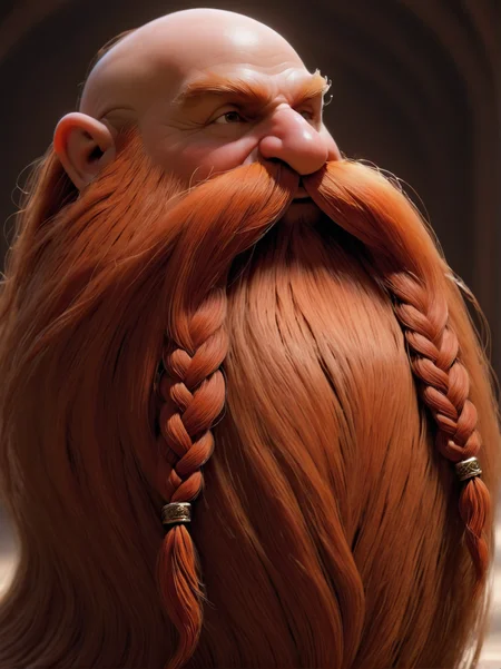 ultra detailed, masterpiece, Harry_Dwarf, dwarf-like, flowing long red beard, twirly moustache,bald, bangles, <lora:Harry_Dwarf_1.5:1>, back lighting, beautiful lighting,