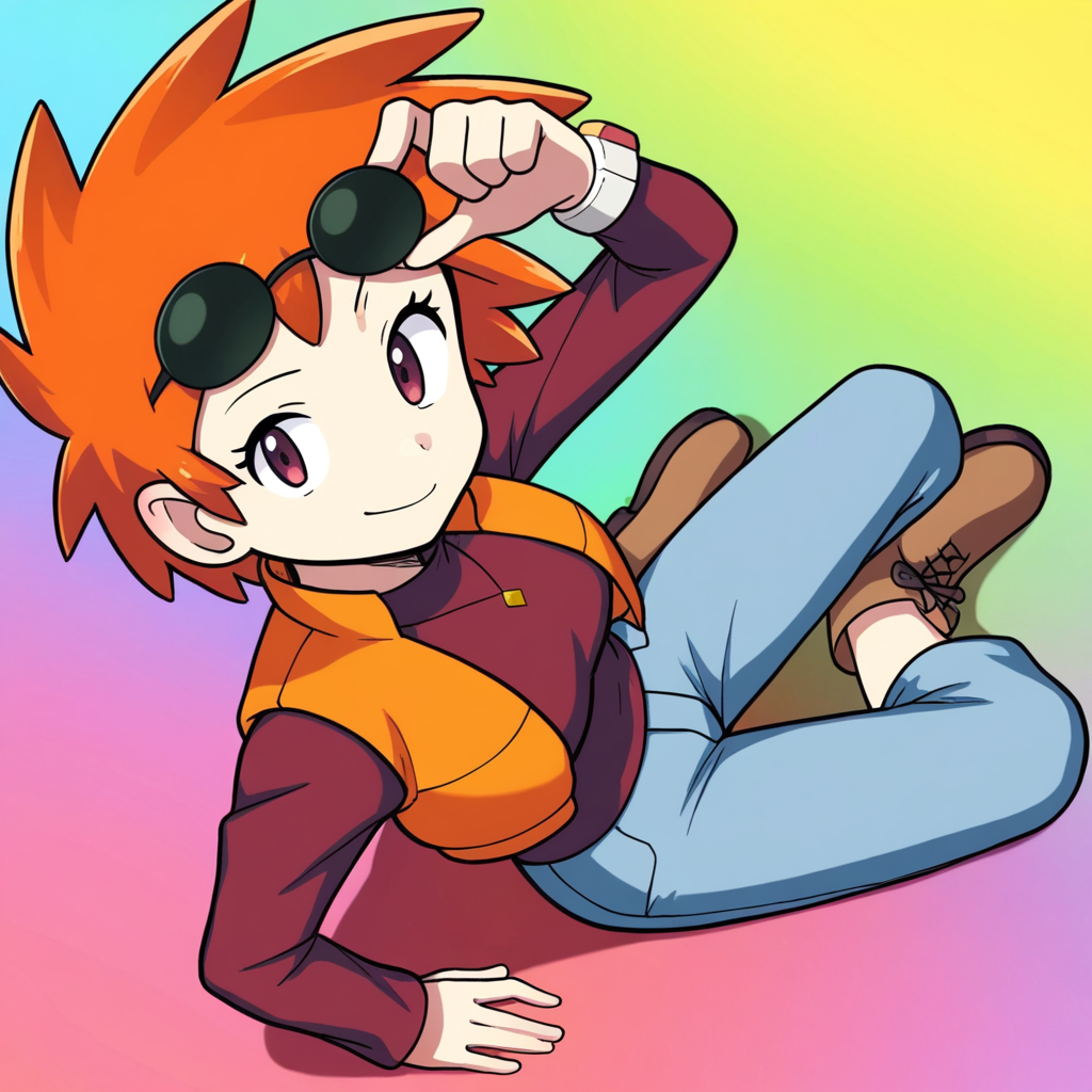 2d, masterpiece, best quality, amazing quality, highres, absurdres, newest, 1girl, solo, sitting, yokozuwari, from above, dutch angle, looking at viewer, multicolored background, simple background, colorful background, medium breasts, pkzoey, orange hair, short hair, spiked hair, bangs, necklace, eyewear on head, sunglasses, red shirt, long sleeves, bracelet, orange vest, jeans, denim, capri pants, boots, brown footwear