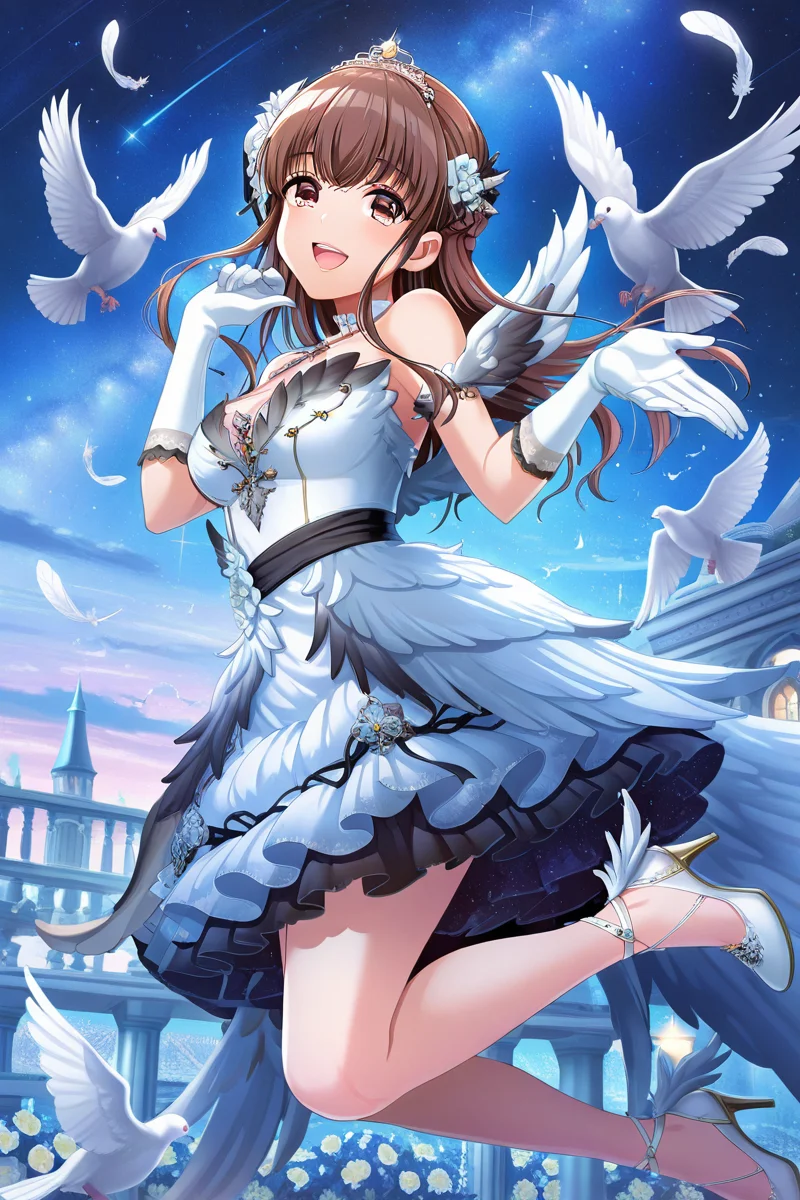 masterpiece, best quality, amazing quality,
<lora:Airi_IL:1> airi, 1girl, dress, gloves, bird, brown hair, long hair, hair ornament, white gloves, brown eyes, open mouth, sky, high heels, smile, night, tiara, wings, white dress, flower, night sky, hair flower, solo, dove, feathers, star (sky), looking at viewer