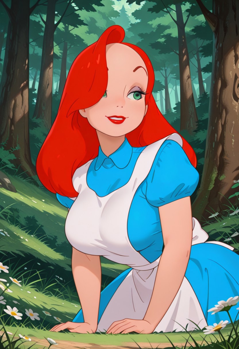 masterpiece, best quality, amazing quality, very aesthetic, absurdres, newest, detailed background, outdoors, ( official style:1.2), forest, flowers, grass, 
jessicaxd, 1girl, solo, red hair, green eyes, lipstick,  long hair, red lips, mascara, hair over one eye , makeup, 
Blue dress, white apron, short sleeves, puffy sleeves, large breasts, looking at viewer, 
smile,