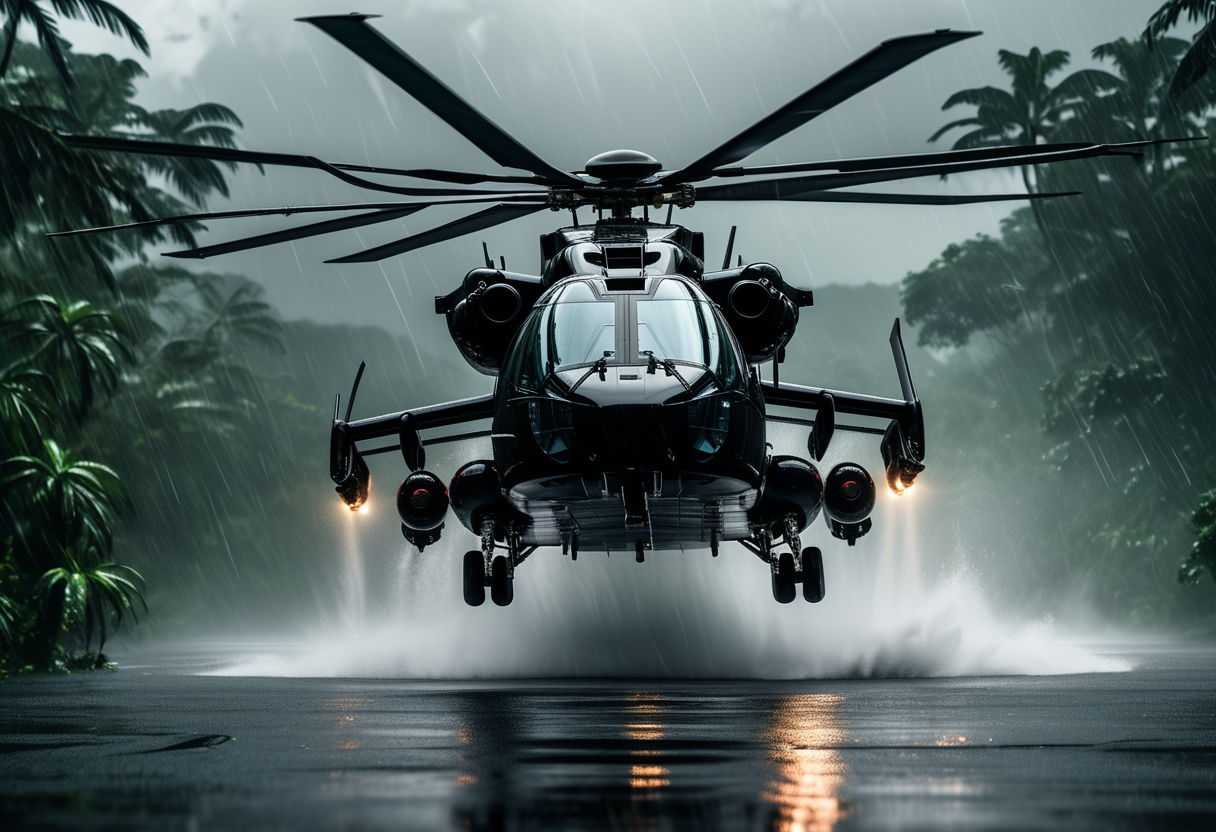 (medium full shot) of (utilitarian massive black helicopter) with reflective-coating body, turboshaft, aerodynamic fins, glowing panels, set in  navigating through a tropical storm in the rainforest, the helicopter battling intense weather conditions, during a storm, ,Masterpiece,best quality, raw photo, realistic, very aesthetic