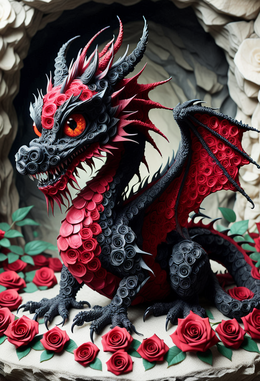 BL4CKR3DR0S3S, a cute dragon is made entirely from black and red roses, detailed face, (big eyes:0.9), detailed eyes, (smile:1.1), long eye lashes, located in a crystal cave