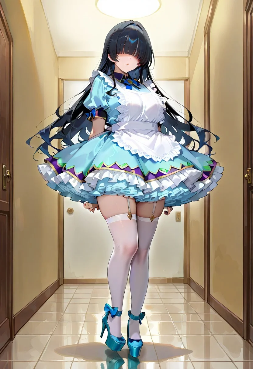 wearing dr3ss, frills, apron, hair over eyes, 1girl,solo, Long shy timid blunt bangs, Really long purple messy shy timid hair, wide skirt,(long_soft_black_hair:1.19), Beautiful big_pink_plump_noticeably_highly_voluminous_thick_lips, (white_satin_maid_outfit:0.7), short blue maid sleeves, gorgeous hair over eye’s, No eyes visible due to hair, adorable submission pleasure shy timid face, (squishy_bursting_gigantic_size_breast:0.88), (frilly_ruffled_light_blue_long_puffy_really_wide_Mahou_Kei_romantic_light_blue_puffy_layered_structured_skirt:1.3), (really_wide_romantic_skirt:0.5), (adorable_full_body_and_shy_timid_adorable_obedient_ladylike_skirt_submission_heels_upward:0.77), (bottom_heels_upward:0.88),(upper_full_mature_Female_body_and_delicious_timid_adorable_obedient_ladylike_skirt_submission_heels_upward:1.15), no eyes, platform heels, ankle bows, thighhighs, white thigh-high stockings with light blue platform heels with a bow