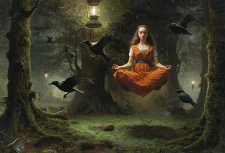 1girl, lotus pose, levitate, above mossy forest floor, trees, crows, rats, lantern, dark, night, oil painting, artwork by ridley scott and Jan Vermeer, sidelight, perfect face, w1+ch, black forehead
<lora:Witch_SDXL_r1:0.5> w1+ch, <lora:Dramatic Lighting Slider:0.9> <lora:Breast Size Slider:1.5>
<lora:levitate-PNY-SDXL-SD15-Panache:1.1>
