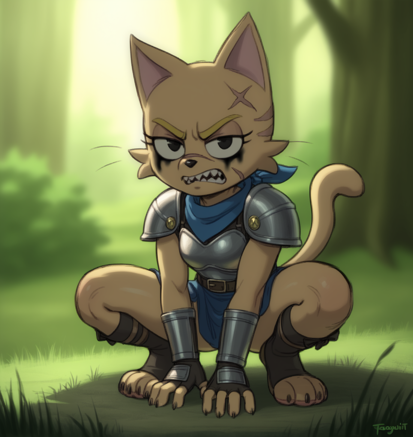 score_9, score_8_up, score_7_up, score_6_up, Detailed Background, BREAK
 <lora:Meowkie_Namco_High_for_PonyXL:0.62>, 1girl, furry, animal ears, black eyes, meowkie, neckerchief, tail, body fur, BREAK
leather armor, crouching, face paint, scars, warrior, holding weapon, sharp teeth, scowl