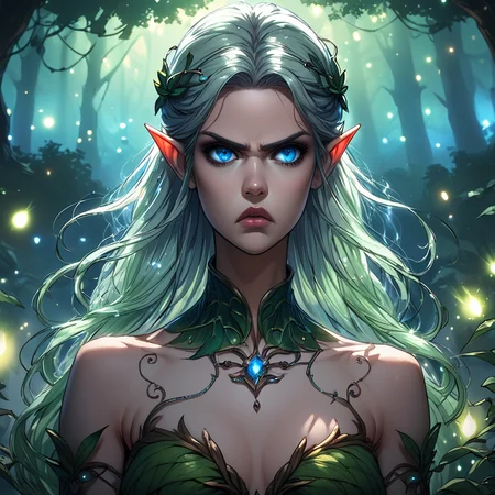 core_9, score_8_up, score_7_up, score_6_up, <lora:ArsMJStyle_-_Anime:1> ArsMJStyle, Anime, Elf archer in moonlit forest glade. Bioluminescent plants, fairy lights in trees. Intricate bow design, flowing hair, determined expression. Soft ethereal glow, detailed fantasy costume.