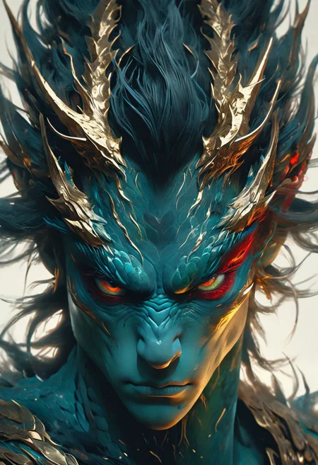 minimalism style, WLOP art style, a character worrior , facial muscles,  eye light, dragon behind, cinematic foootage,  fantasy, intricate details,8k post production,dark red gold tone blue  white green
