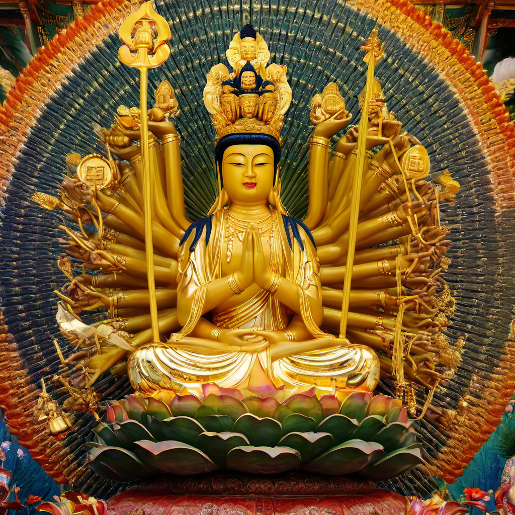 <lora:Guanyin2:1>,Compassionate face of Thousand-Armed Thousand-Eyed Guanyin,multiple serene expressions,forty additional faces each with an eye,innumerable compassionate hands holding various ritual implements such as precious vase,treasure sword,lotus,prayer beads symbolizing different meanings like disaster relief,subdual,and prayer,specific hand gestures signifying fearlessness and fulfilling wishes,ornate crown with a representation of transforming Buddha denoting bodhicitta and Buddha-nature,draped in divine garments with a waist-tied long skirt adorned with jewellery and pearls signifying dignity and divinity,elaborate radiant halo in the background circular or polygonal with symmetrical arms each wielding implements reflecting the brightness of Guanyin,surrounded by devoted followers and Dharma protectors like Heavenly Kings,deities,and Vajra displaying protective force,standing or sitting in full lotus position on a lotus pedestal symbolizing purity and detachment,all detailed with ((best quality,4k,8k,highres,masterpiece:1.2),ultra-detailed,(realistic,photorealistic,photo-realistic:1.37)) in a wondrous and sacred atmosphere that is tranquil yet powerful,enhanced with luxurious golds,tranquil blues and pure whites,studio lighting to highlight the transcendent aura of the deity,