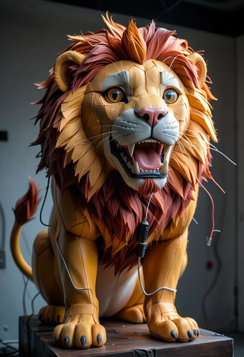 end_tripwire_morph, no humans, , teeth, lion made out of wire and electrical cables, tail, sharp teeth, , open mouth, solo, neon, wires, made of wires, cables, outlined with wires and neon, neon outlines, wire sculpture, neon wire sculpture, PonyXLV6_Scores