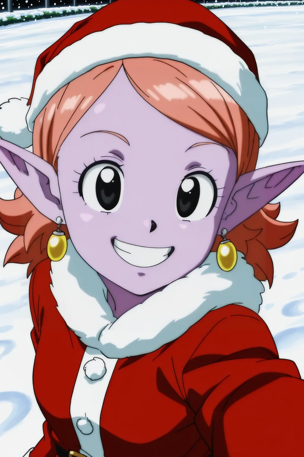 anime screencap, masterpiece, best quality, amazing quality, very aesthetic, absurdres, newest, (scenery, volumetric lighting),
chronoa, potara earrings, short hair, orange hair, pointy ears, black eyes, colored skin, purple skin,
santa hat, santa costume, snow, fur trim, outdoors, snowing, upper body, selfie, from above, grin, teeth, looking at viewer,
<lora:Chronoa_IL:0.8>