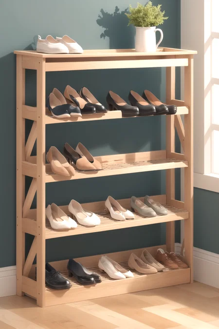 a shoe rack without any pairs of shoes on it