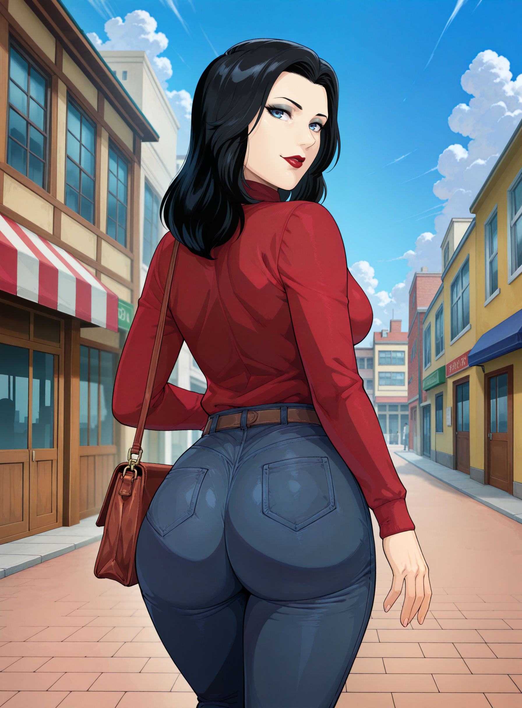 masterpiece, best quality, (flat color:0.3), (suzushiro (suzushiro333):0.3), (iwao178), [(urushihara satoshi:0.1)], (cirenk:0.75), (One-Punch Man:0.1),
BREAK
LizBaS, 1girl, solo, medium breasts, makeup, blue eyes, lipstick, lips, red lips, walking, red sweater, turtleneck, jeans, belt, forehead, black hair, eyeshadow, detailed background, city background, handbag, from behind, looking at viewer, happy, ass,
<lora:suruga_IllustriousXL_v1.0:0.3> <lora:mgmmznoobaiXLNAIXL01:0.2> <lora:chocobitpie-koto-illustrious :0.5> <lora:TawaraH_Illust:0.5> <lora:cham22:0.3> <lora:LizBaSNoobEpsilon:1>