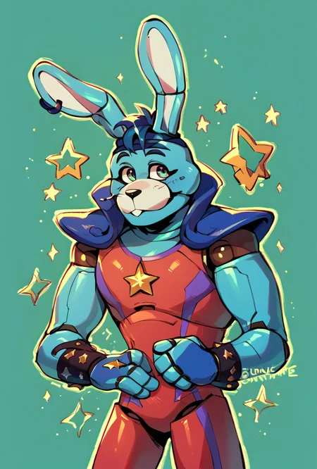 score_9, score_8_up, score_7_up,, good quality ,, character focus, solo, , best quality , detailed background, <lora:glambon-10:1> glambon, rabbit ears, male focus, , solo, star (symbol), robot, white outline, stars, cyan background, cowboy view, <lora:PepePunchMeme_XLPD:1> IncrsPunchMeme, incoming punch