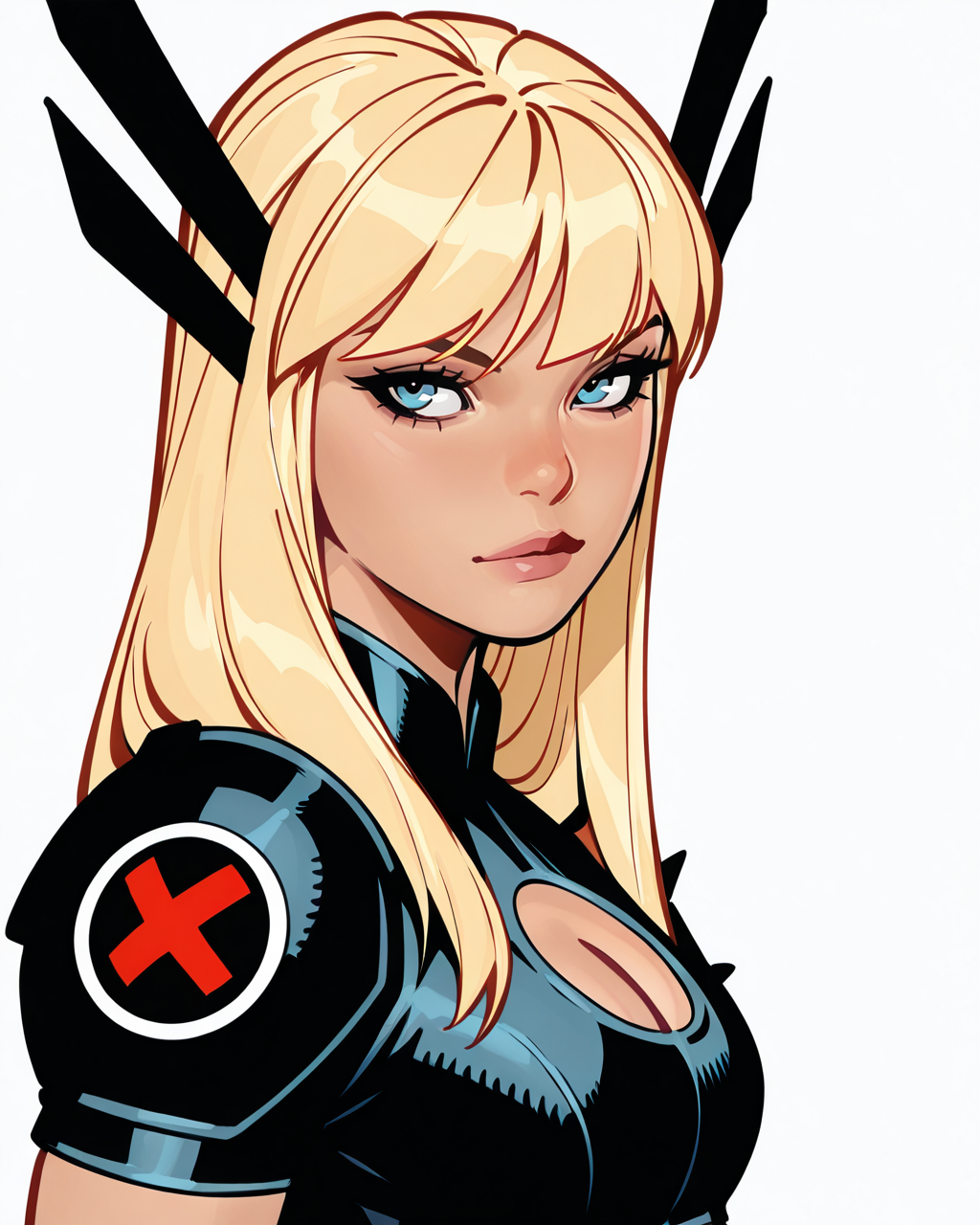 masterpiece, best quality, absurdres, perfect quality, absolutely eye-catching,   <lora:ChrisBachaloIllus:1> bachalo, <lora:Magik ModernilluLoRA:0.9> mgik, long hair, hair ornament, crop top, , cleavage cutout, single shoulder armor,  looking at viewer, from side, portrait,