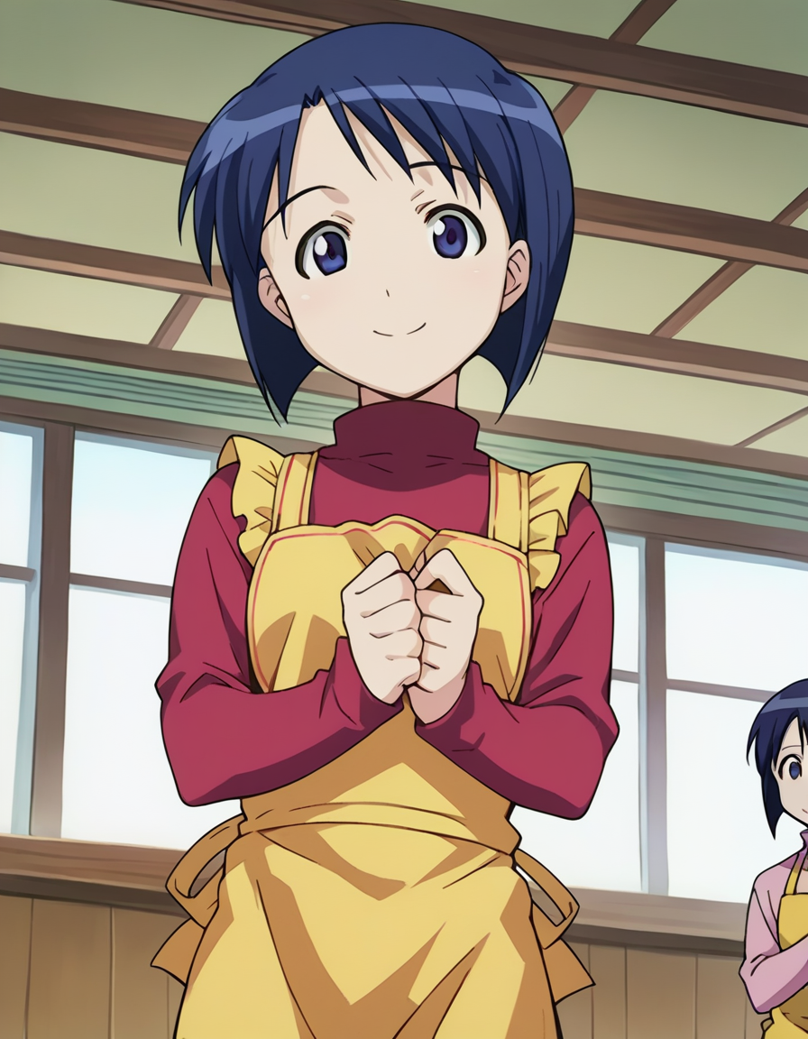 score_9, score_8_up, score_7_up, source_anime,
shinobumaehara, <lora:shinobu-maehara-ponyxl-lora-nochekaiser:1>,
shinobu maehara, short hair, blue eyes, blue hair, smile,
long sleeves, apron, turtleneck, yellow apron,
indoors,
looking at viewer, dutch angle, cowboy shot,